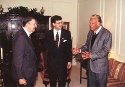 Carl F. H. Henry, R. Albert Mohler, and Billy Graham talking during the week of Dr. Mohler's inauguration